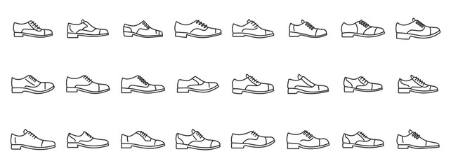 Oxford shoes icons set. Large set of icons representing different styles of classic male shoes