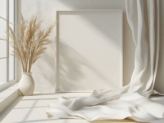 Blank poster in a white frame, hanging in a simple, bright room with soft shadows