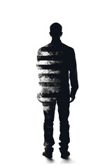 silhouette of a man with american flag stripes imprinted on the man