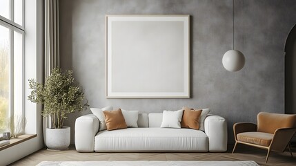 White frame with a minimalist geometric print, displayed in a neutral, minimalist living space