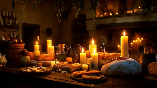 Dinner On the table of wine and bread, candles  Seamless looping 4k time-lapse animation video background