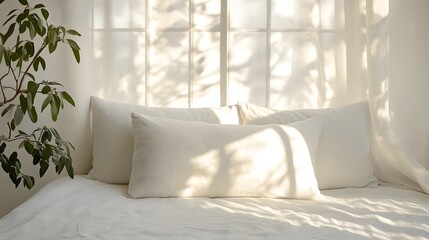 White pillow on a plain white bed with soft natural light, minimalistic background