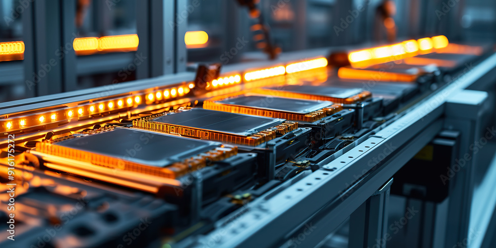 Poster close-up of an automated production line with electronic components.
