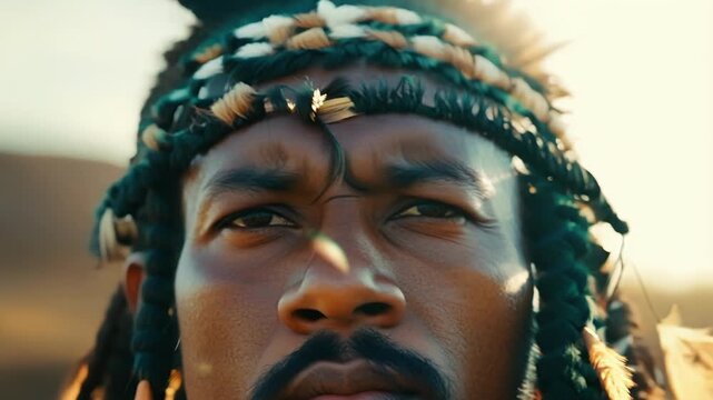 The braided hair and feathered ornamentation of an Apache scouts head are showcased in this intense closeup.
