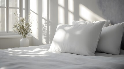 White pillow on a clean white bed with a light grey wall in the background