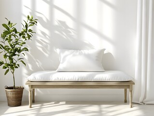White pillow on a minimalist bench, simple and clean aesthetic
