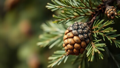 Close-up of a Pine Cone on a Branch.