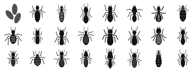 Termite icons set. This set features various species of termites in black silhouette, highlighting their unique anatomical features