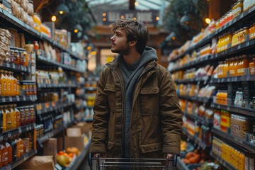Fototapeta premium Man with cart buying groceries in supermarket with significant purchase for household needs