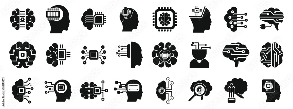Poster brain implant icons set. artificial intelligence icon set showing brain and microchip for machine le