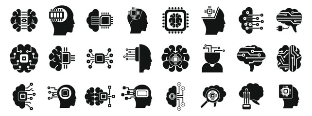 Brain implant icons set. Artificial intelligence icon set showing brain and microchip for machine learning