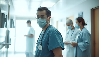 Obraz premium Male Doctor Wearing a Mask and Scrubs in a Hospital Hallway