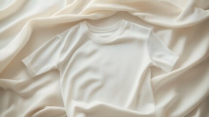 Obraz premium White t-shirt mockup with rolled sleeves on a neutral background, focusing on the fabric texture