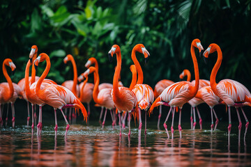 A group of flamingos standing in water, a realistic photo shoot, place the animals where there is more space around them to show their full bodies, use natural light