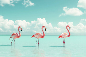 Obraz premium Pink flamingos standing in shallow turquoise water, bright sky blue background, hyper realistic photography