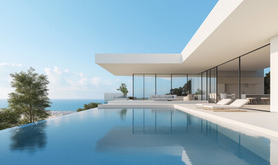 Fototapeta premium 3d rendering, modern beach house with infinity pool and outdoor lounge, light blue sky, overlooking the ocean, blue sea in background, modern architecture, architectural rendering