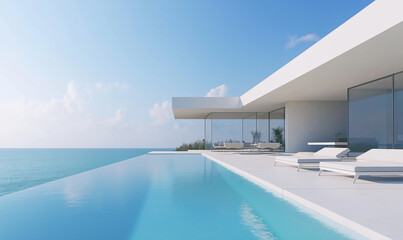 Fototapeta premium 3d rendering, modern beach house with infinity pool and outdoor lounge, light blue sky, overlooking the ocean, blue sea in background, modern architecture, architectural rendering