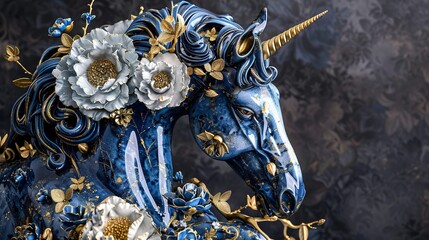 Blue and Gold Unicorn Sculpture with Floral Accents