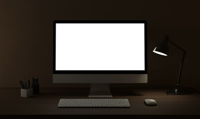 Front view of blank white screen on desktop monitor with keyboard and mouse in modern home office interior, mockup for design presentation template