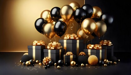 Escena de Black Friday con Globos Negros y Dorados, Regalos de Lujo, y Ambiente Festivo