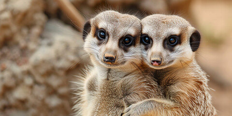 Two Meerkats Huddled Together, Close-Up of Faces.