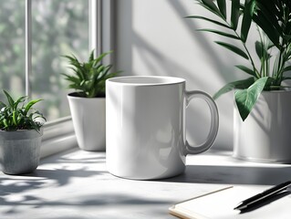 White mug mockup shown in a minimalistic workspace with a simple pen and notebook nearby