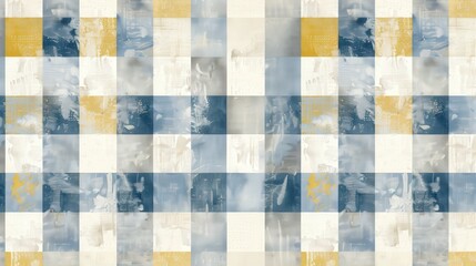 Fototapeta premium A colorful abstract pattern showcases a grid of blue, cream, and gold squares with a textured aesthetic