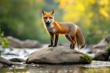 Naklejka premium Red Fox on a Rock by a River