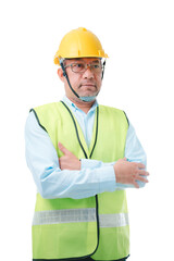 Asian man in a yellow safety vest and a yellow hard hat. He is wearing glasses and has a serious look on his face