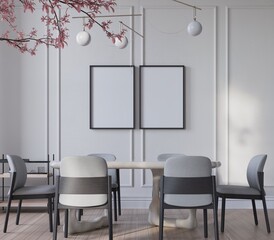 Mock up poster in cozy home interior background, modern classic dining room, 3d render