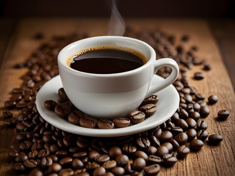 coffee beans in a cup on wooden background