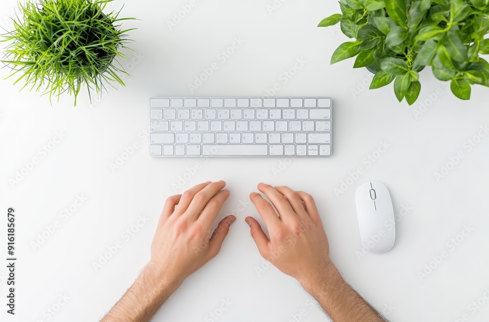 Poster top view of white desk with keyboard and mouse