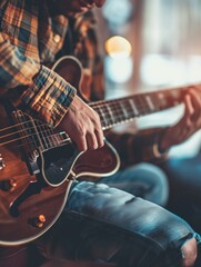 Fototapeta premium Close-up of a man's hands playing an electric guitar.