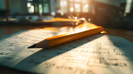 Pencil on mathematical equation in children's education classroom