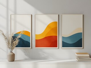 White frame with a simple abstract poster mockup, hanging on a light grey wall