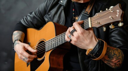 Obraz premium Close-up of a man's hand playing an acoustic guitar.