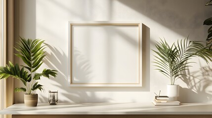 Poster mockup in a white frame, displayed on a minimalist desk with a neutral background