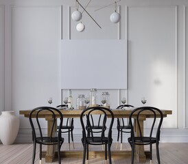 Mock up poster in cozy home interior background, modern classic dining room, 3d render