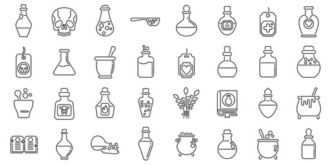 Magic elixir icons set. Set of magic and alchemy linear icons representing flasks, bottles, jars, cauldrons, skull, spell book and herbs