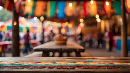 Out of focus, a vacant wooden table with a Mexican festival backdrop