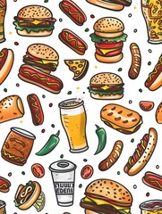 Seamless pattern of cartoon fast food.
