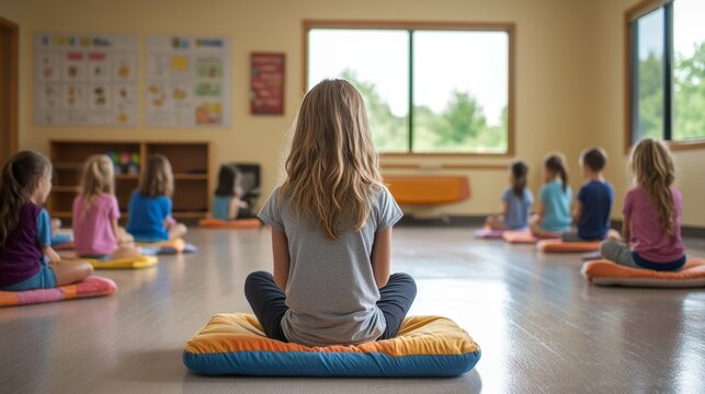 Children meditating in a classroom.