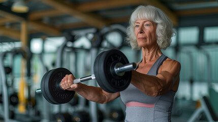 Obraz premium An older woman lifting dumbbells in a gym, showcasing strength and fitness.