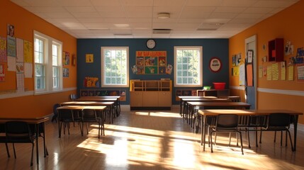 Fototapeta premium Empty Classroom Desks and Chairs