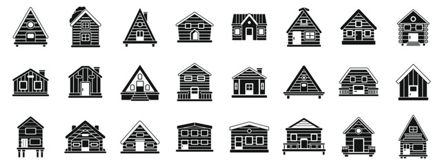 Wooden cabin icons set. This collection of wooden houses shows a variety of architectural styles, perfect for illustrating concepts related to housing, construction, or real estate