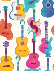 Naklejka premium Colorful Acoustic Guitars Seamless Pattern.