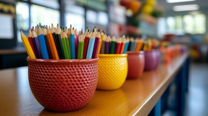 Colorful Pencils in a Pot on a Wooden Table.