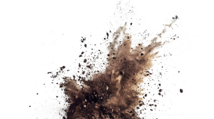 A captivating image of dirt and debris exploding against a clean white background.
