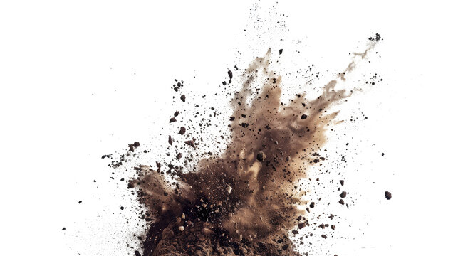 A captivating image of dirt and debris exploding against a clean white background.