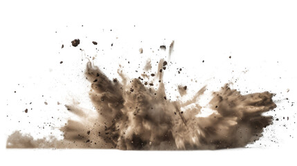 A dramatic explosion of dirt and debris captured in mid-air against a white background.